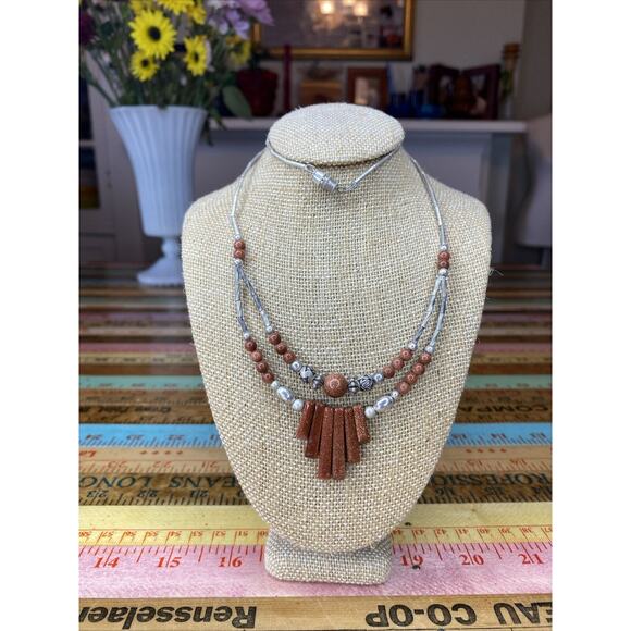 Vintage Double Strand Silver Tone Rose Flower 20” Beaded Necklace Goldstone - Picture 2 of 8